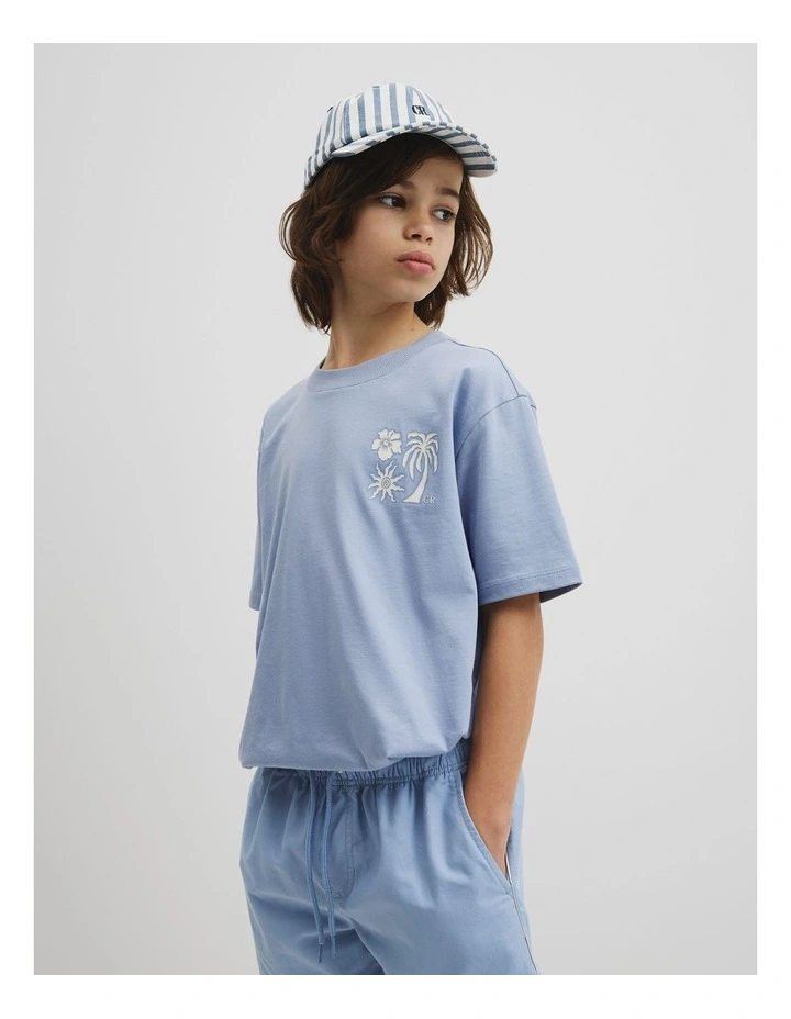 Relaxed Hibiscus Print T-shirt in Mid Blue image 1