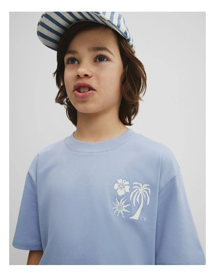 Relaxed Hibiscus Print T-shirt in Mid Blue image 3