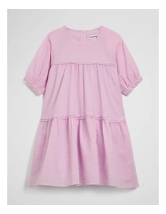 Short Sleeve Seersuck Dress in Pink Lavender