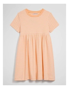 Australian Cotton Blend Short Sleeve Rib Dress in Peach Quartz Stripe