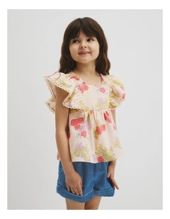 Short Sleeve Flutter Sleeve Top in Peach Floral