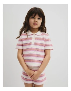 Australian Cotton Short Sleeve Collar Knit Top in Multi Stripe
