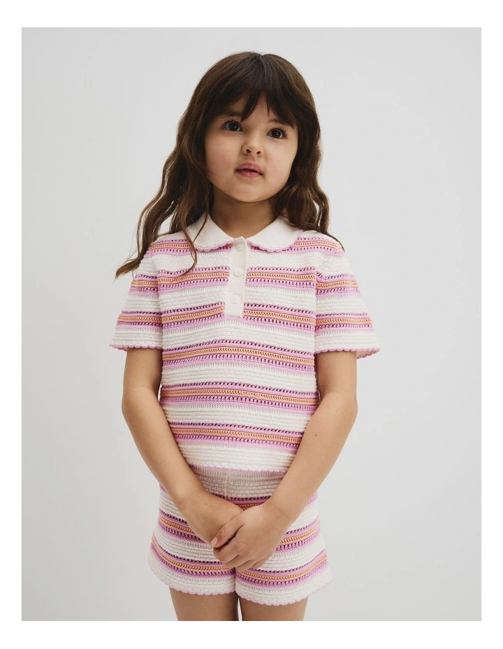 Australian Cotton Short Sleeve Collar Knit Top in Multi Stripe image 1