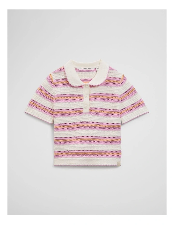 Australian Cotton Short Sleeve Collar Knit Top in Multi Stripe image 2
