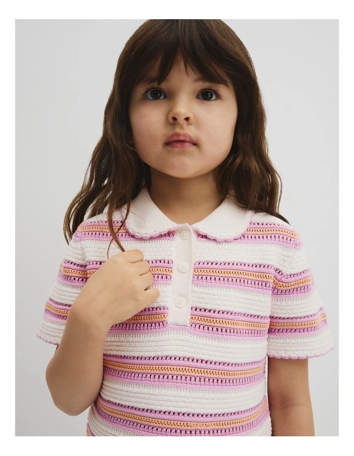 Australian Cotton Short Sleeve Collar Knit Top in Multi Stripe image 3