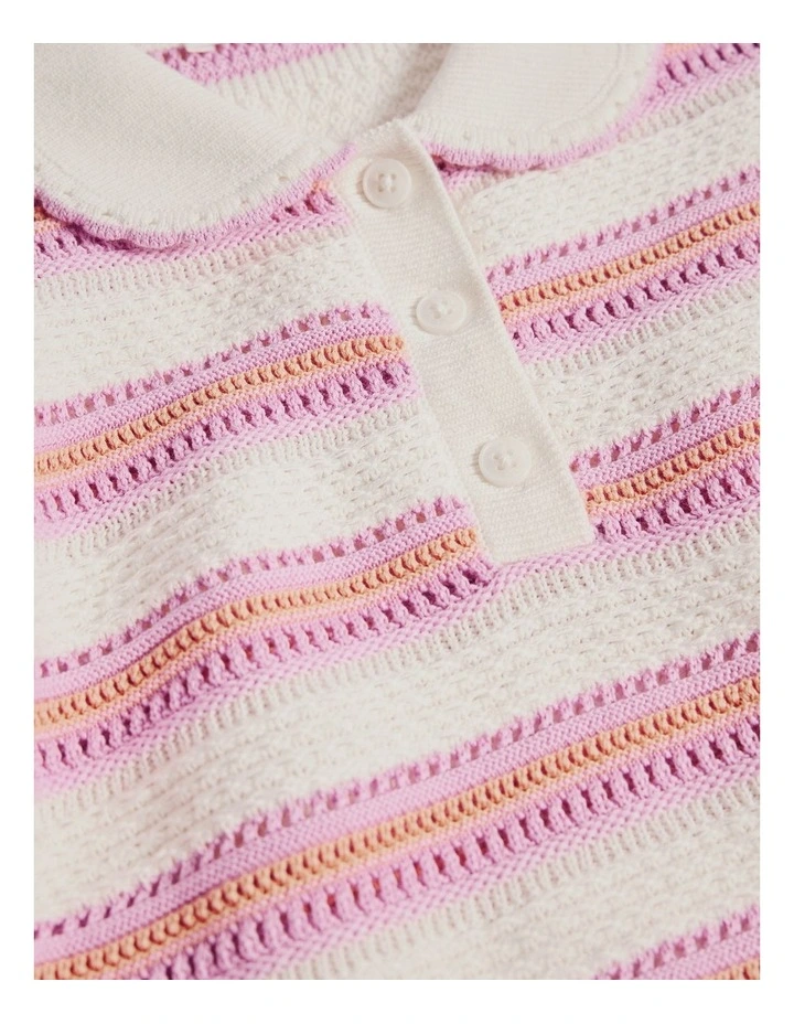 Australian Cotton Short Sleeve Collar Knit Top in Multi Stripe image 6
