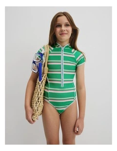 Teen Short Sleeve Stripe Swimsuit in Lush Green