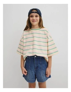 Teen Short Sleeve Oversized Stripe T-shirt in Buttermilk