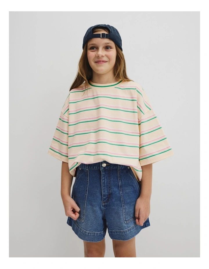 Teen Short Sleeve Oversized Stripe T-shirt in Buttermilk image 1