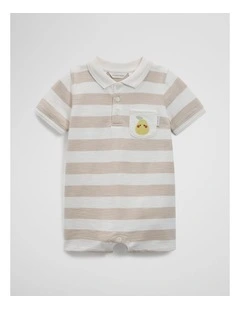 Organically Grown Cotton Textured Polo Romper in Pebble Stripe