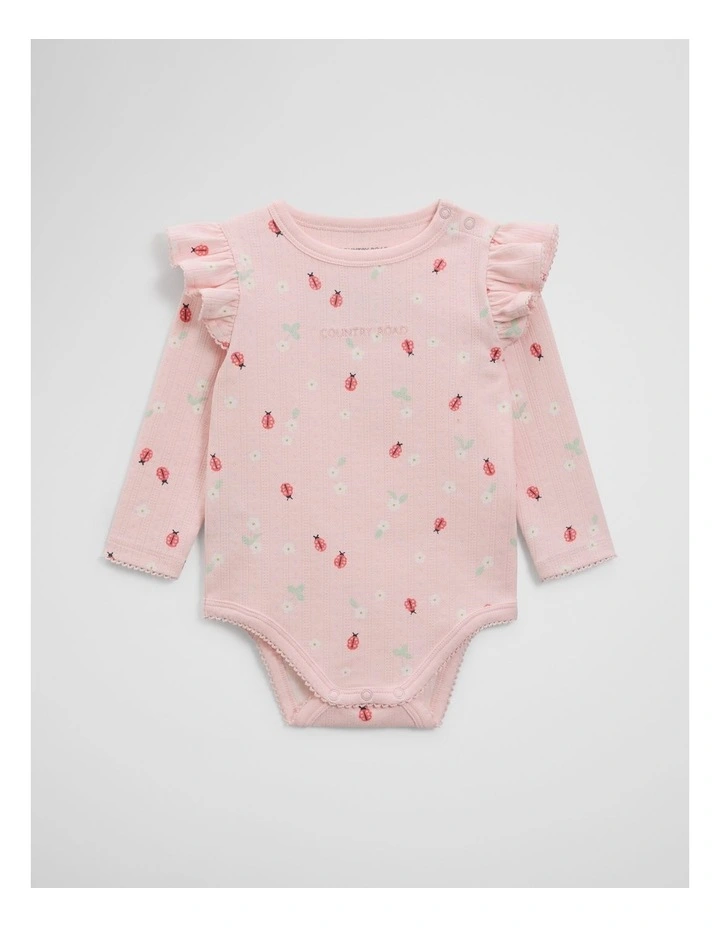 Organically Grown Cotton Blend Pointelle Frill Bodysuit in Ladybird Prnt image 1
