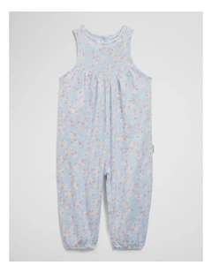 Organically Grown Cotton Sleeveless Texture Romper in Blue Floral