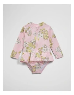 Long Sleeve Frill Swimsuit in Pink Floral