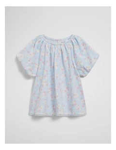 Organically Grown Cotton Short Sleeve Puff Sleeve Top in Blue Floral