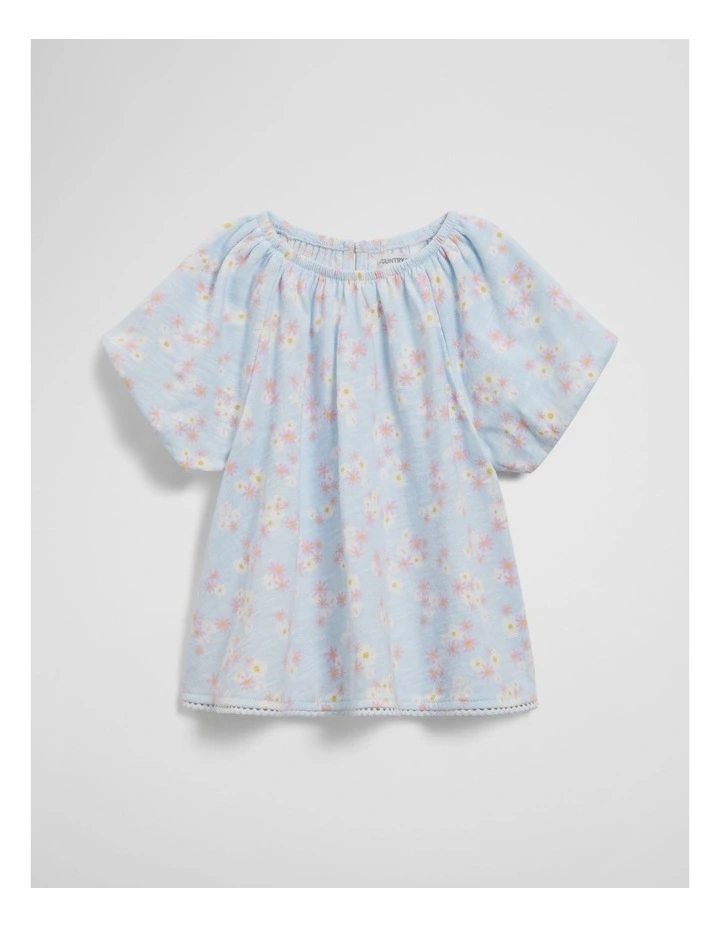 Organically Grown Cotton Short Sleeve Puff Sleeve Top in Blue Floral image 1