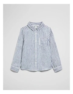 Long Sleeve Linen Shirt in Navy Stripe