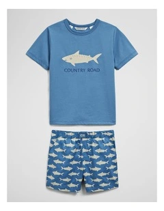 Short Sleeve Shark Pyjama Set in Pacific Blue