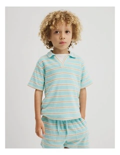 Short Sleeve Relaxed Terry Polo in Reef Blue Stripe