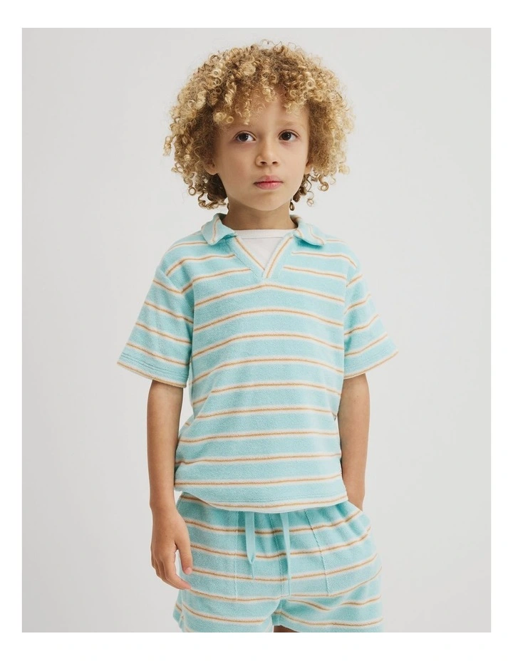Short Sleeve Relaxed Terry Polo in Reef Blue Stripe image 1