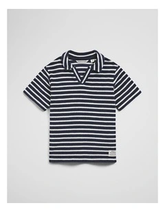 Short Sleeve Relaxed Terry Polo in Navy Stripe