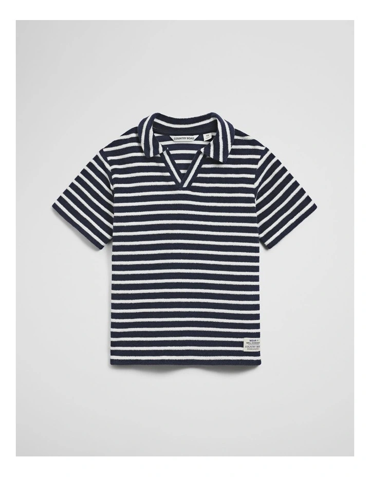Short Sleeve Relaxed Terry Polo in Navy Stripe image 1