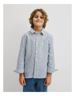 Teen Long Sleeve Linen Shirt in Navy Stripe