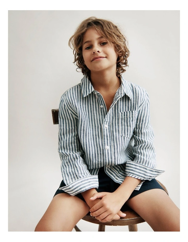Teen Long Sleeve Linen Shirt in Navy Stripe image 2