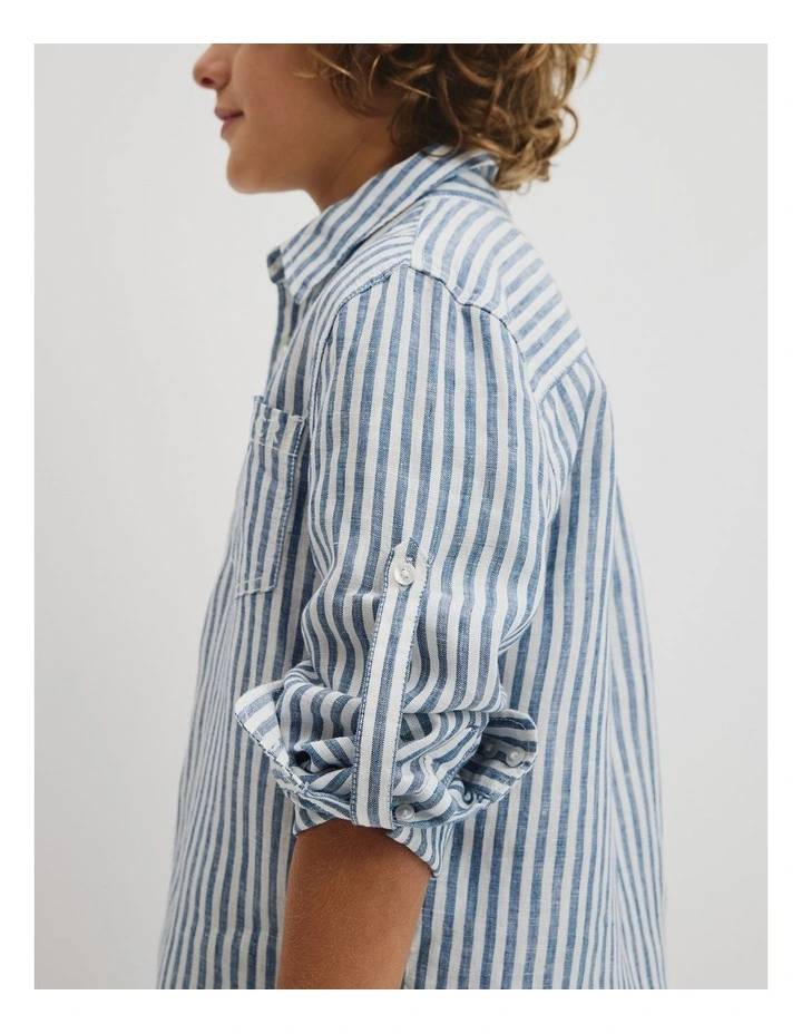 Teen Long Sleeve Linen Shirt in Navy Stripe image 4