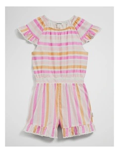 Short Sleeve Frill Playsuit in Sunset Stripe