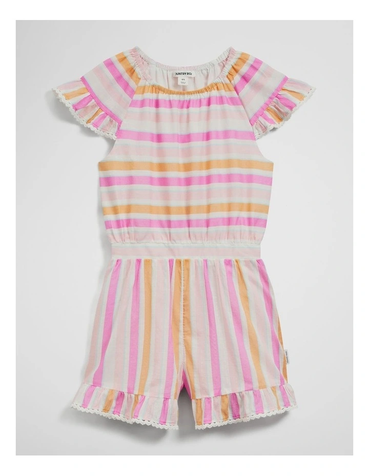Short Sleeve Frill Playsuit in Sunset Stripe image 1