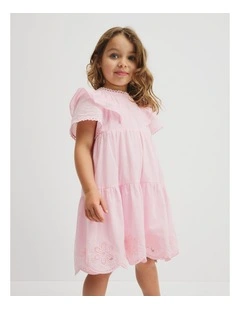Short Sleeve Tier Cutwork Dress in Cloud Pink