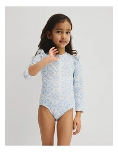 Long Sleeve Frill Swimsuit in Ice Blue Print