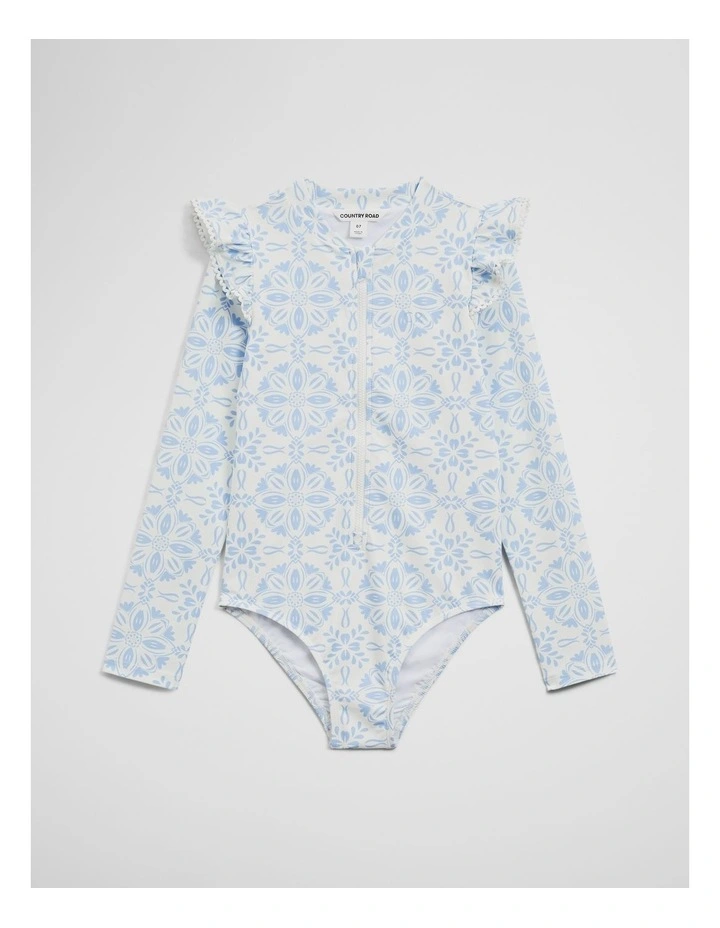 Long Sleeve Frill Swimsuit in Ice Blue Print image 2