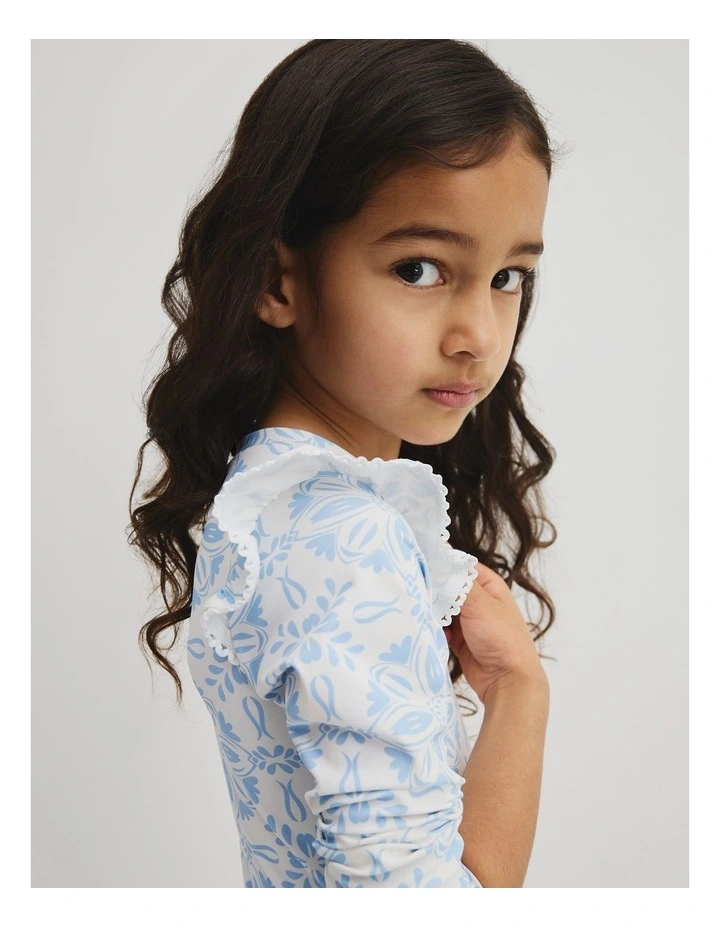 Long Sleeve Frill Swimsuit in Ice Blue Print image 3