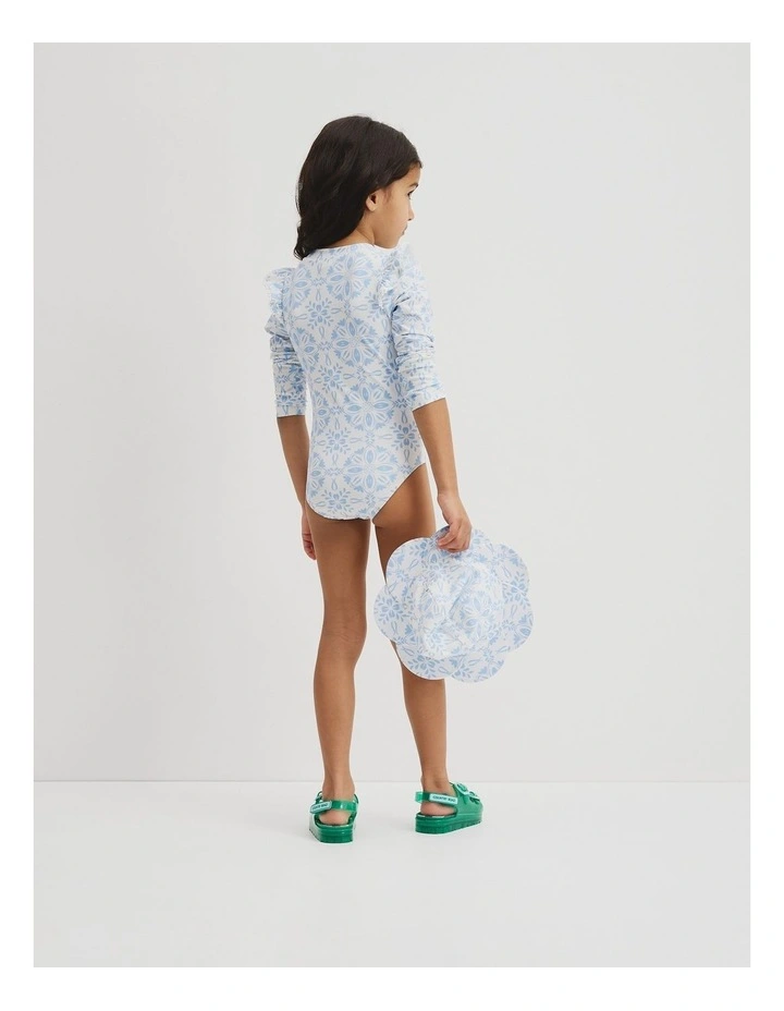 Long Sleeve Frill Swimsuit in Ice Blue Print image 5