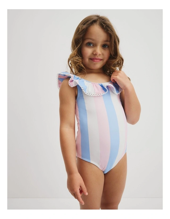 Sleeveless Frill Swimsuit in Blue Pink Stripe image 1