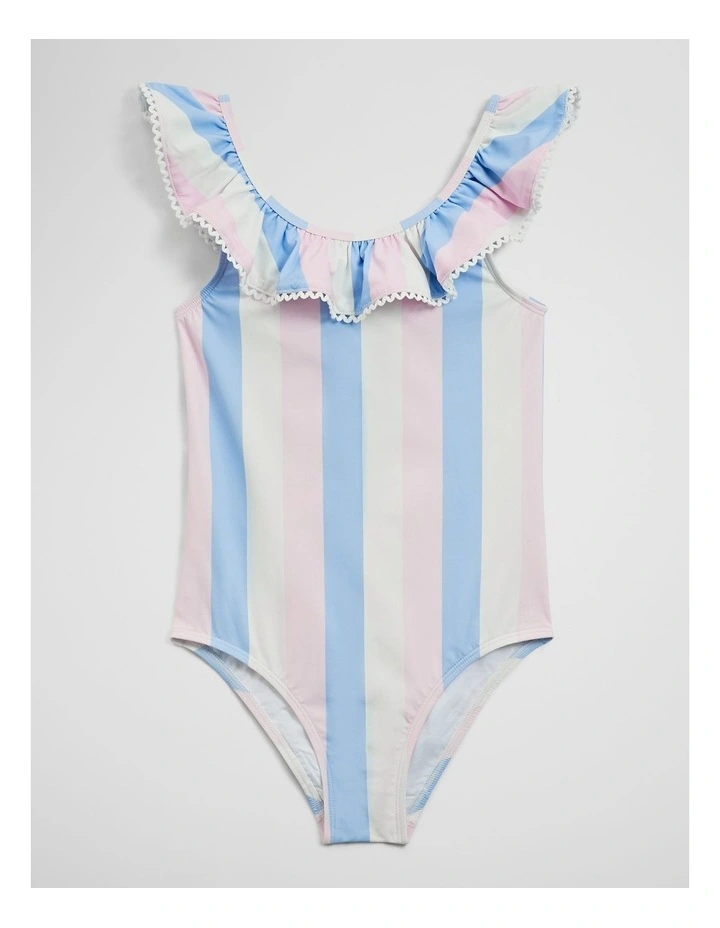 Sleeveless Frill Swimsuit in Blue Pink Stripe image 2