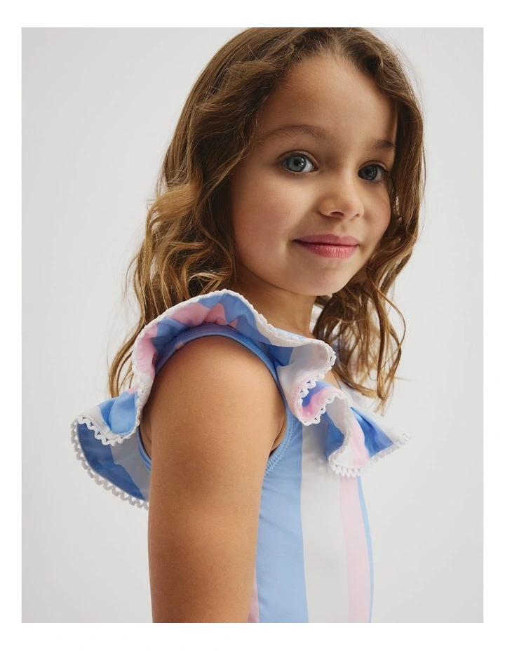 Sleeveless Frill Swimsuit in Blue Pink Stripe image 3
