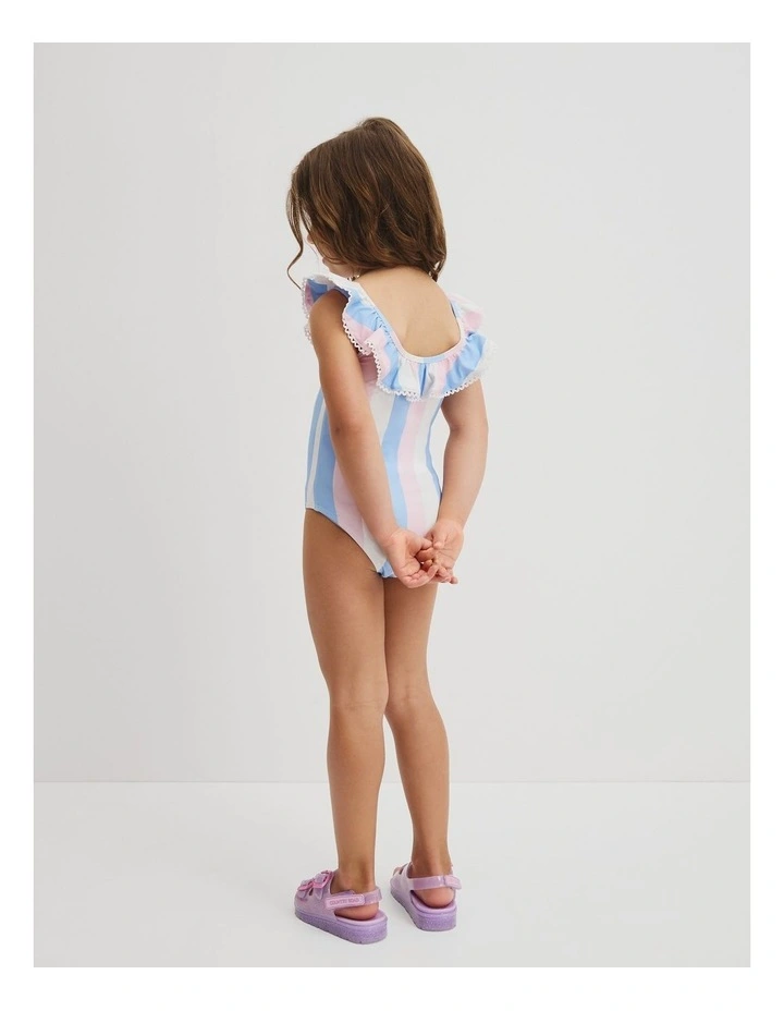 Sleeveless Frill Swimsuit in Blue Pink Stripe image 5