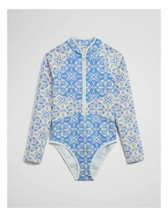 Teen Long Sleeve Floral Swimsuit in Azure