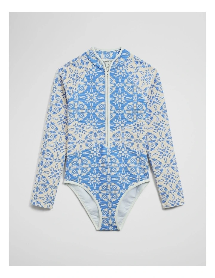 Teen Long Sleeve Floral Swimsuit in Azure image 1