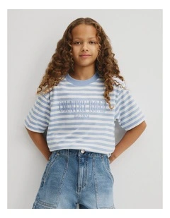Teen Australian Cotton Short Sleeve Relaxed Heritage T-shirt in Mid Blue Stripe