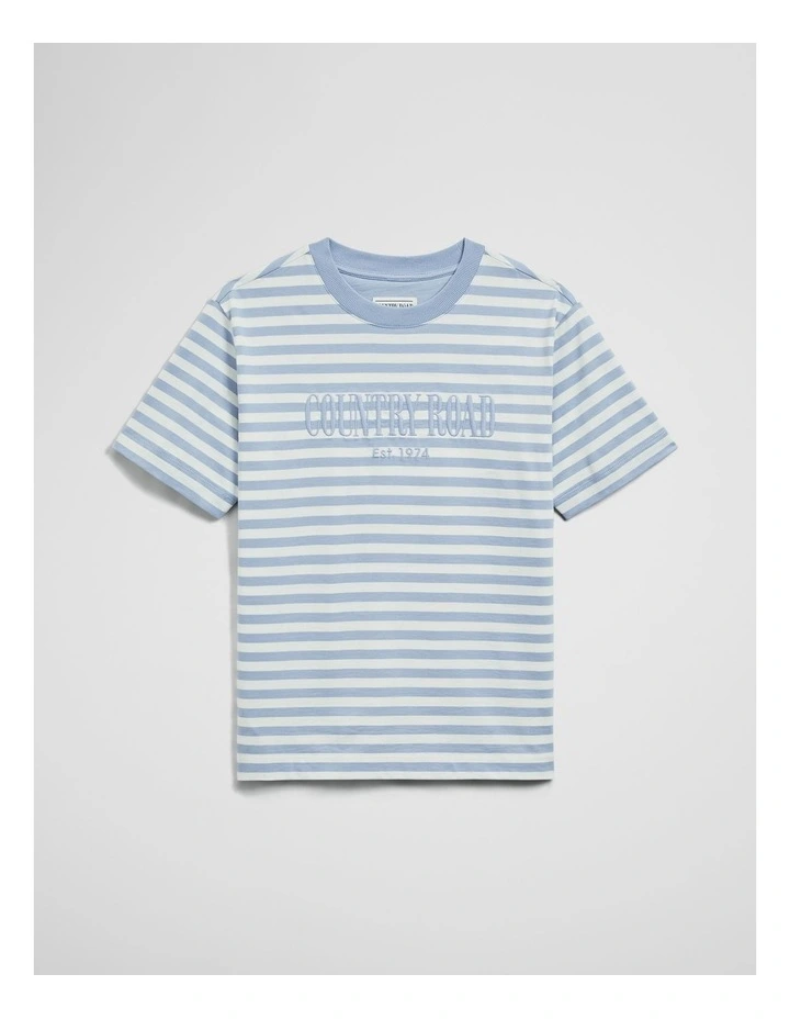 Teen Australian Cotton Short Sleeve Relaxed Heritage T-shirt in Mid Blue Stripe image 2
