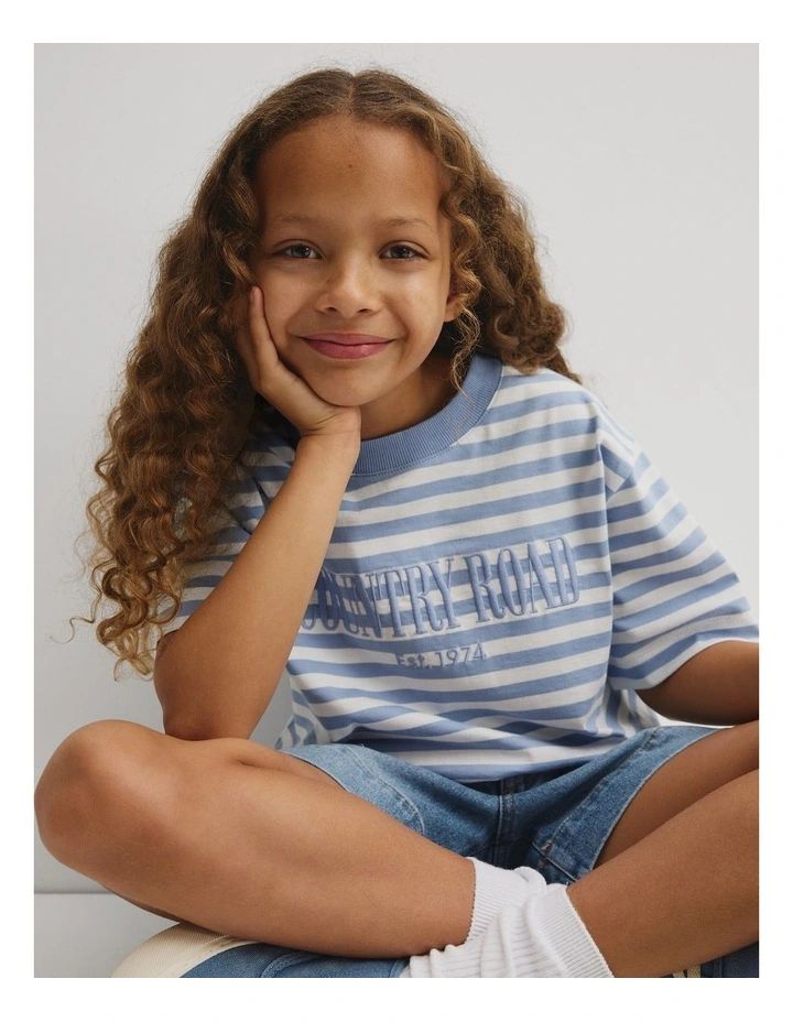 Teen Australian Cotton Short Sleeve Relaxed Heritage T-shirt in Mid Blue Stripe image 3