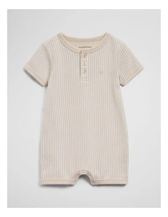 Short Sleeve Waffle Romper in Pebble Stripe