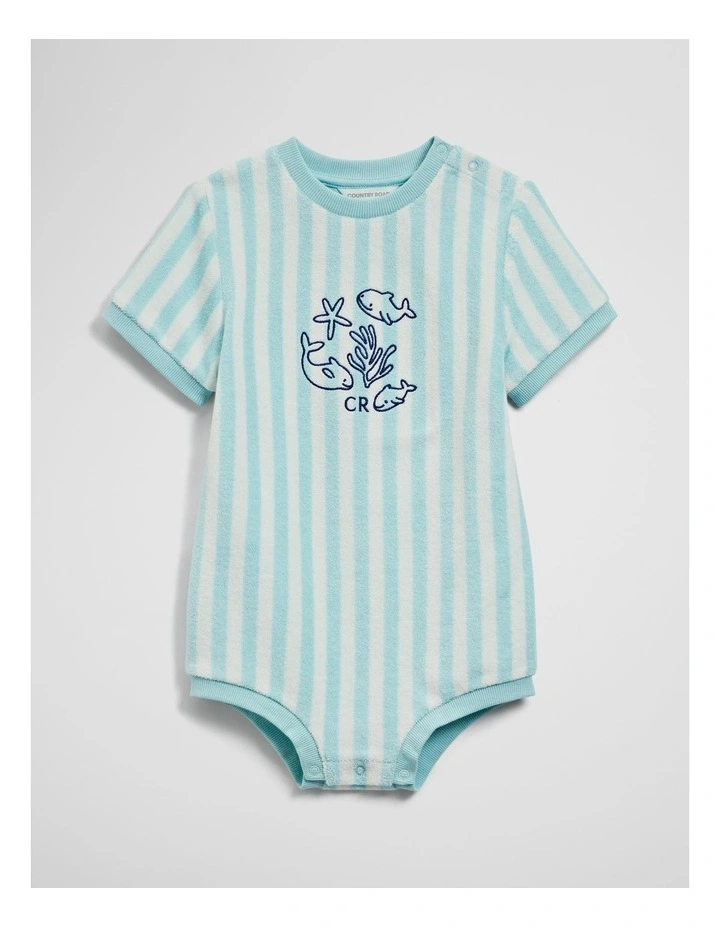 Stripe Terry Romper in Reef Blue Stripe image 1