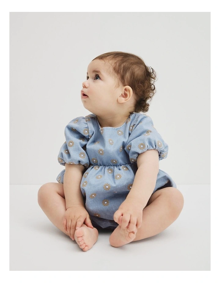 Short Sleeve Chambray Embroidered Romper in Sky Blue Wash image 1