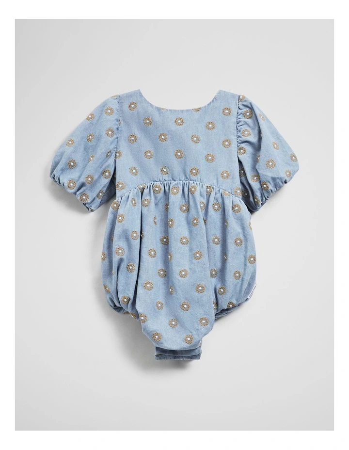 Short Sleeve Chambray Embroidered Romper in Sky Blue Wash image 2