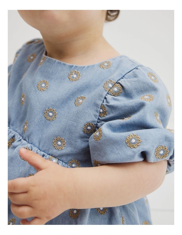 Short Sleeve Chambray Embroidered Romper in Sky Blue Wash image 3