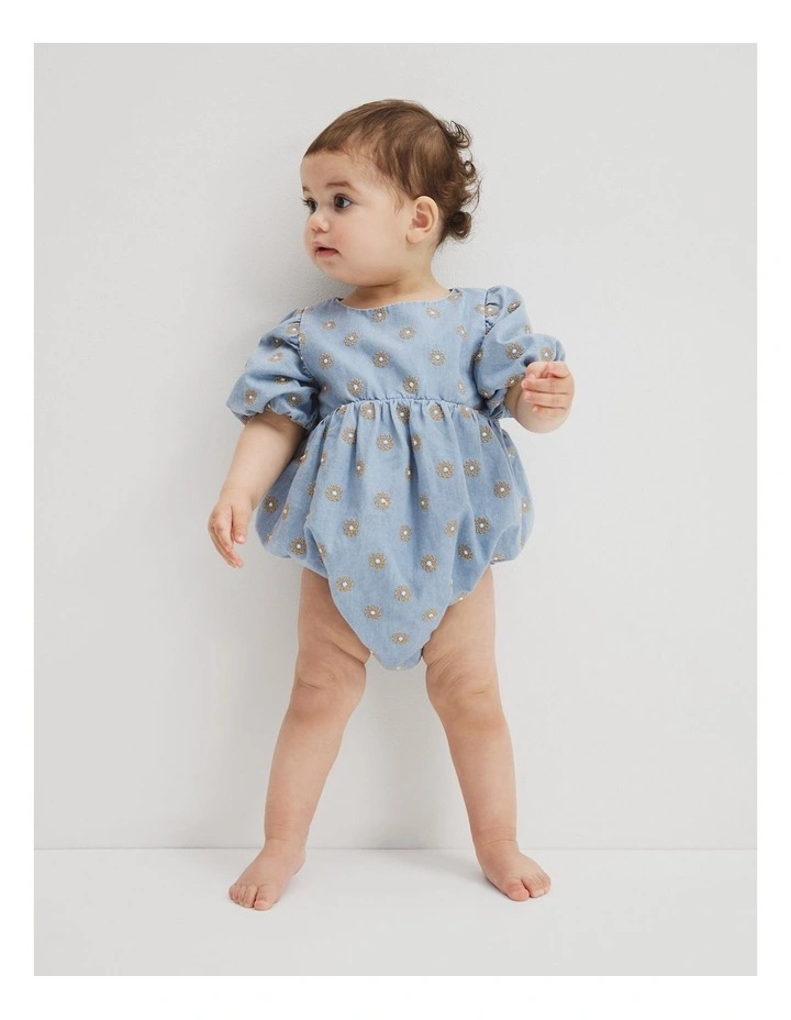 Short Sleeve Chambray Embroidered Romper in Sky Blue Wash image 4